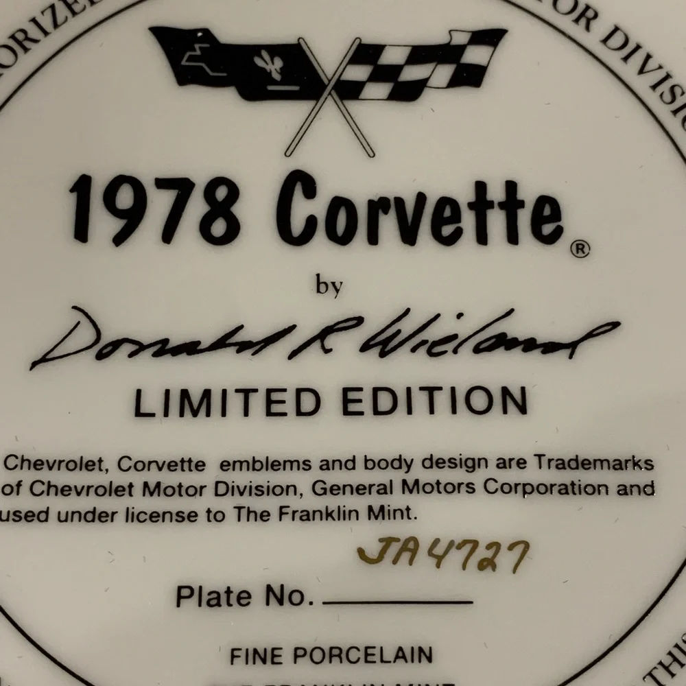 Franklin Mint 1978 Corvette Plate # JA4727